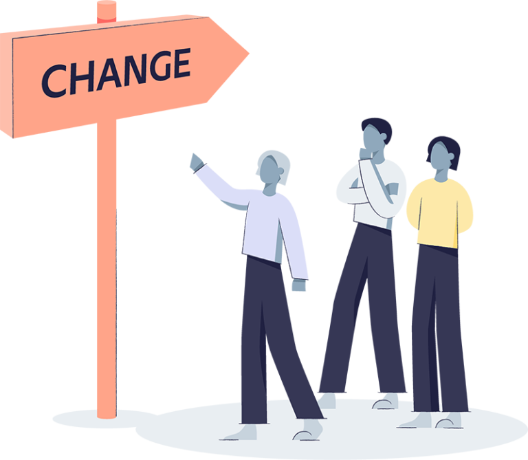 Illustration mehrerer Menschen, die auf einen Wegweiser blicken, auf dem das Wort "Change" geschrieben steht.