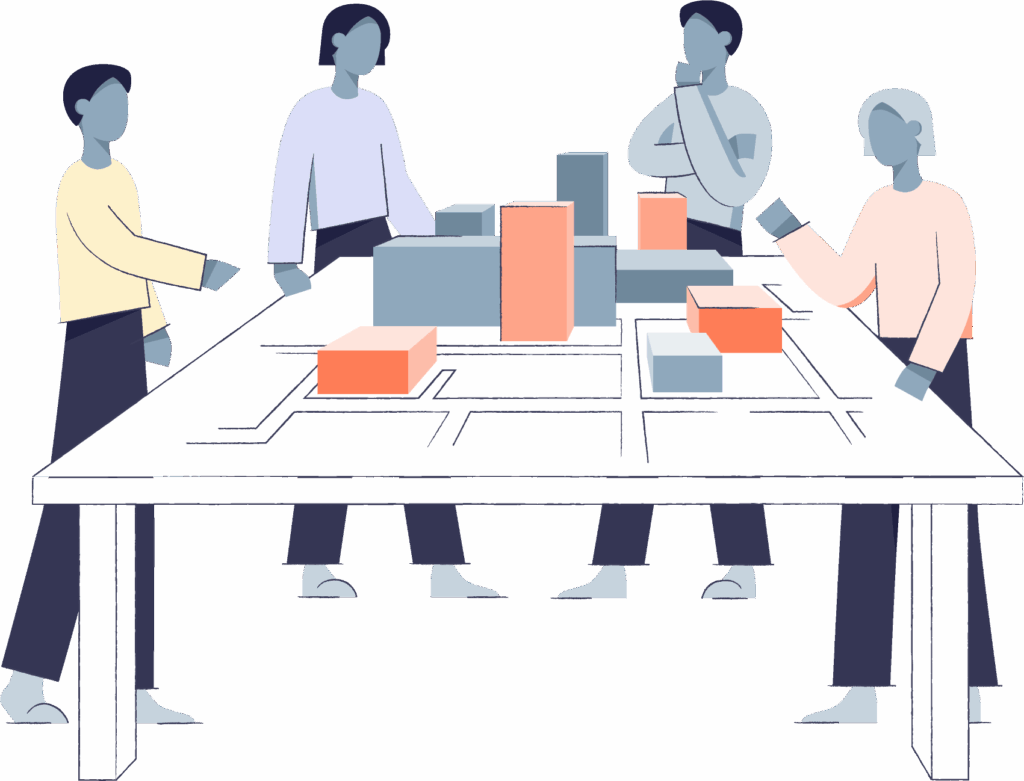 Das Bild zeigt eine Gruppe von illustrierten Personen, die um einen Tisch mit einem Architekturmodell herumstehen und angeregt diskutieren.