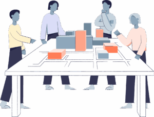 Das Bild zeigt eine Gruppe von illustrierten Personen, die um einen Tisch mit einem Architekturmodell herumstehen und angeregt diskutieren.