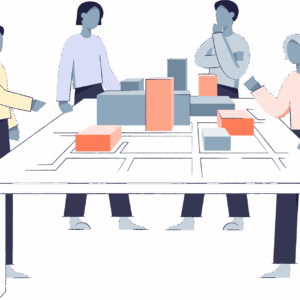Das Bild zeigt eine Gruppe von illustrierten Personen, die um einen Tisch mit einem Architekturmodell herumstehen und angeregt diskutieren.