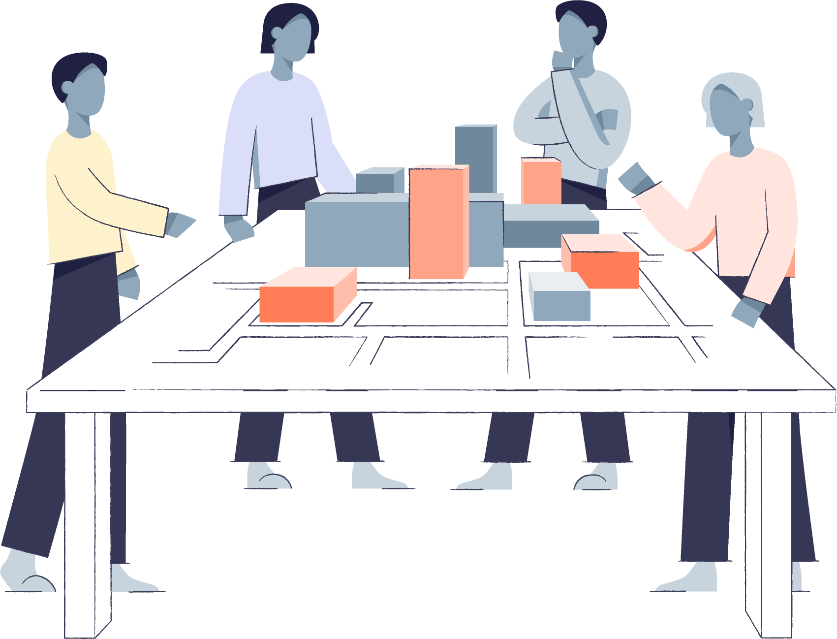 Das Bild zeigt eine Gruppe von illustrierten Personen, die um einen Tisch mit einem Architekturmodell herumstehen und angeregt diskutieren.