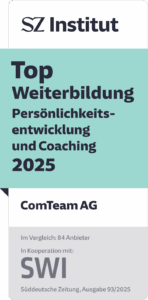 Auszeichnung des SZ Instituts: ComTeam AG wird als „Top Weiterbildung Persönlichkeitsentwicklung und Coaching 2025“ gelistet. Die Bewertung erfolgte im Vergleich mit 84 Anbietern. Das Siegel entstand in Kooperation mit dem SWI und erschien in der Süddeutschen Zeitung, Ausgabe 93/2025.