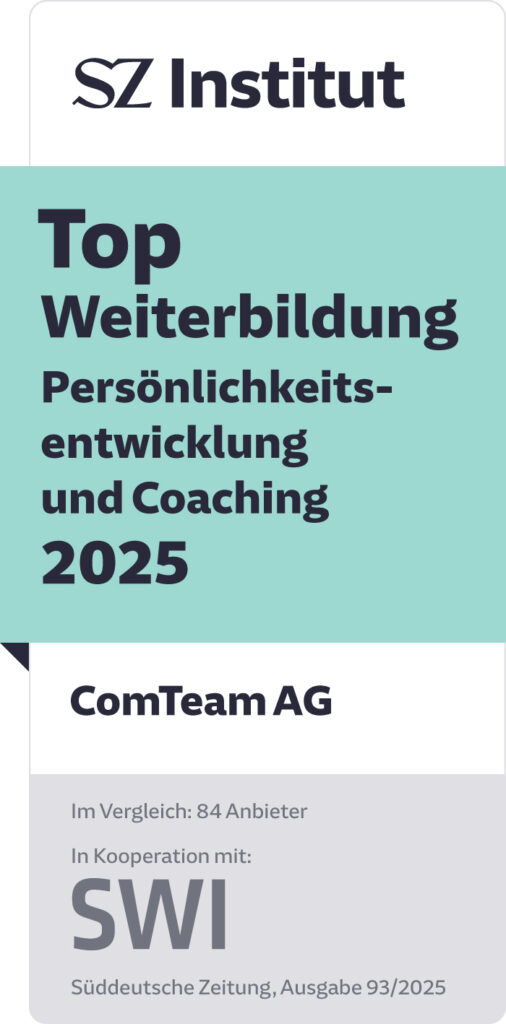 Auszeichnung des SZ Instituts: ComTeam AG wird als „Top Weiterbildung Persönlichkeitsentwicklung und Coaching 2025“ gelistet. Die Bewertung erfolgte im Vergleich mit 84 Anbietern. Das Siegel entstand in Kooperation mit dem SWI und erschien in der Süddeutschen Zeitung, Ausgabe 93/2025.