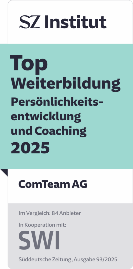 Auszeichnung des SZ Instituts: ComTeam AG wird als „Top Weiterbildung Persönlichkeitsentwicklung und Coaching 2025“ gelistet. Die Bewertung erfolgte im Vergleich mit 84 Anbietern. Das Siegel entstand in Kooperation mit dem SWI und erschien in der Süddeutschen Zeitung, Ausgabe 93/2025.