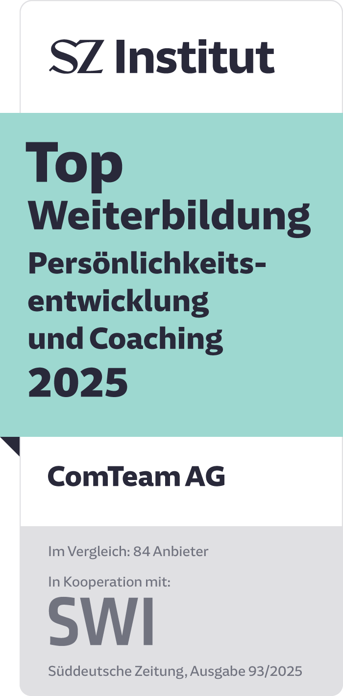 Auszeichnung des SZ Instituts: ComTeam AG wird als „Top Weiterbildung Persönlichkeitsentwicklung und Coaching 2025“ gelistet. Die Bewertung erfolgte im Vergleich mit 84 Anbietern. Das Siegel entstand in Kooperation mit dem SWI und erschien in der Süddeutschen Zeitung, Ausgabe 93/2025.